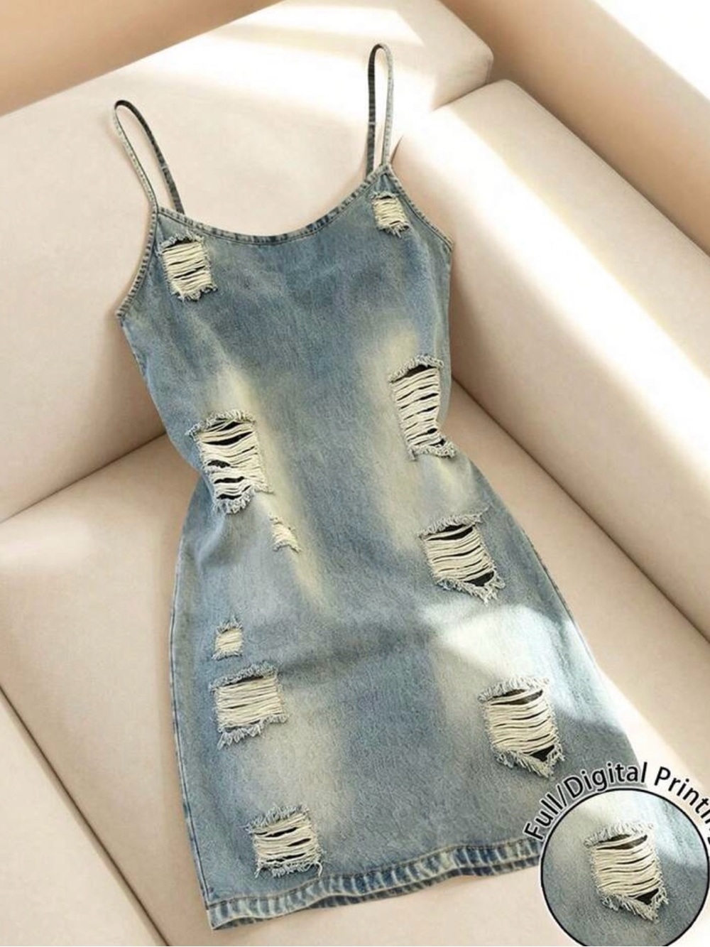 Distressed Light Blue Denim Pattern Slip Dress